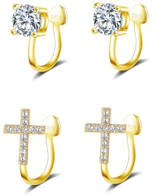 Hinvan 2 Paires Boucles d'oreilles Clip pour Femme Fille Homme, Boucles d'oreilles Homme Non Percées, Croix Boucles d oreilles Clip Or avec Oxyde de Zirconium Diamant