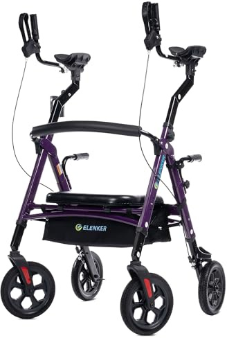 ELENKER All Terrain Heavy Duty Upright Walker with Extra Wide Seat, Foldable Aluminum Bariatric Stand Up Rolling Walker, 10” Wheels, Fully Adjustment Frame, Support up to 500 lbs for Seniors, Purple