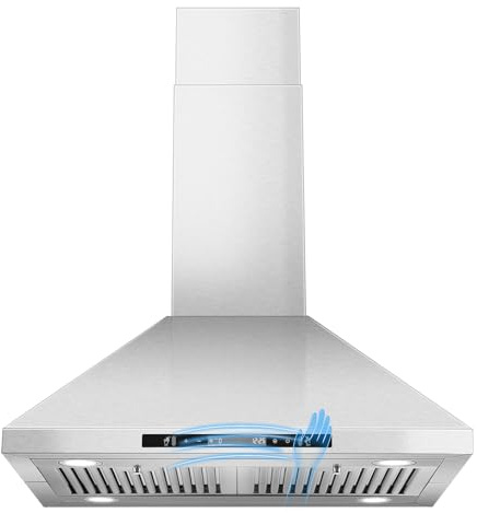 Tieasy 30 Island Range Hood 700 CFM Ceiling Mount Kitchen Vent Hood with Gesture/Touch Control, 3-Speed Fan & 4 LED Lights, Convertible Ductless/Duct, Stainless Steel Baffle Filters,Time Setting