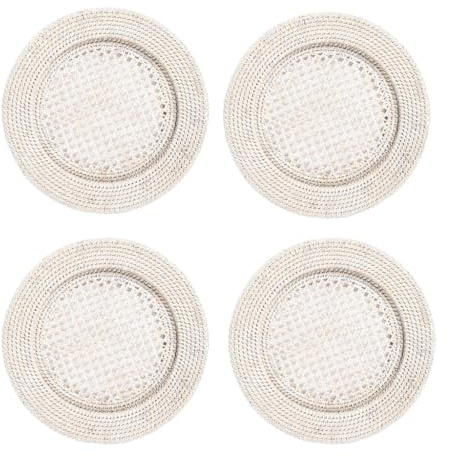 Charger Plate Set of 4 Table Mats Glazed Finish Rattan Placemats (White)
