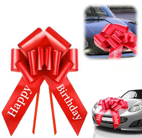 YOYEAH Lazo XXL para coche (76 cm) – Gran lazo de regalo para coche, Navidad y hogar – Rojo – pieza única. Lazo gigante perfecto para coches y electrodomésticos (Happy Birthday)