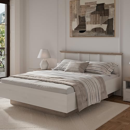 Forte ILOPPA Bett 173, Bett mit angehobenem Lattenrost und Kopfteil, Holzwerkstoff, Weiß/Eiche Dekor, 173 cm breit, 95,2 cm hoch, 206,4 cm tief
