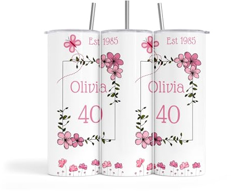 Personalised Pink Floral Design 20oz White Skinny Stainless Steel Insulated Tumbler Travel Coffee Water Mug Lid Straw Bottle Cup Sports Gym 18th|21st|30th|40th Birthday