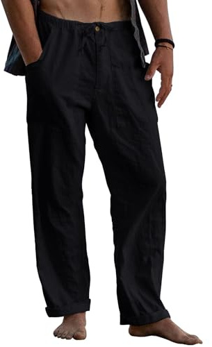 Puimentiua Leinenhose Herren,Lang Leichte Sommerhose,Loose Fit Sommer Leinen Hose,Baumwollehosen mit Tunnelzug und Reißverschluss (Schwarz,L)