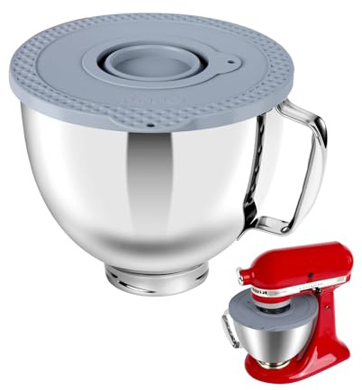 5 Quart Edelstahl Mixerschüssel Set, kompatibel mit Kitchen Aid 4.5-5 Quart Standmixern mit Kippkopf (5 Quart Schüssel＋Grauer Deckel)