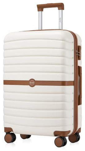 KONO Koffer Reisekoffer Trolley Koffer mittelgroß von ABS+PC Hartschalenkoffer mit Zwillingsrollen und Zahlenschloss(Creme/Braun, 66cm)