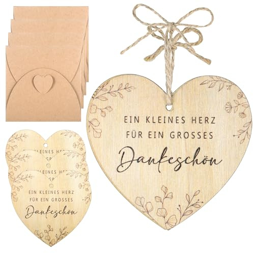 Zocipro 4 Stück Dankeschön Geschenke Klein Holz, Dankeskarte aus Holzherz“Ein Kleines Herz Für Ein Grosses Dankeschön”,mit Umschläge Karte, Danke Holzkarte zur Hochzeit Geburtstag Jahrestag Ruhestand