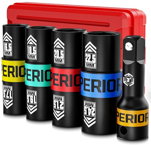 Aiourx 1/2 Drive Lug Nut Socket Set, 16.5-24.5 mm Flip Socket Set, 5 Pcs Thin Wall Nut Sockets with 3 Extension Bar, Remove Bloated Warped, Damaged Lug Nuts