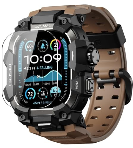ULTIMAL Rugged Case with Band for Apple Watch Ulltra 3/ Ultra 2/ Ultra, Compatible with Apple Watch Straps 49mm, Enhanced Military Grade Shockproof Bumper Cover for iWatch Strap Men (49mm, Brown)