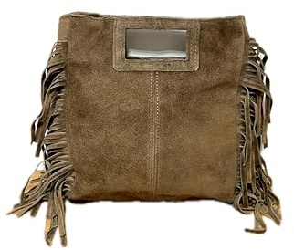 MINNI Moon - Borsa a tracolla con frange da donna con frange, 27 x 25 x 7 cm, con frange in pelle e chiusura lampo, beige, 27x25x7 cm