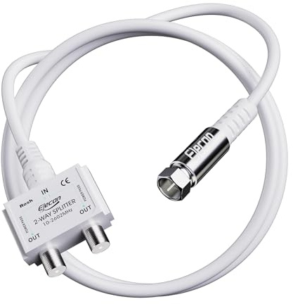 Elecan 2 Way Coaxial Splitter with 10 Ft Cable White, Quad Shield Digital RF Signal RG6/RG59 Coax Distribution, Outdoor Waterproof for CATV, Off-Air, Satellite, Antenna, Internet Modem OTA