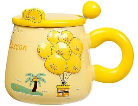 jiejack Kaffekopp, keramikkopp, rolig med lock och sked, djurmugg kanin/panda/Duckling/gris, ballongmugg med lock för kaffe, te, mjölk (D)