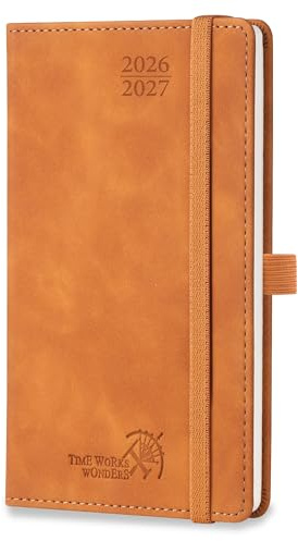 POPRUN Taschenkalender 2026 2027 Klein 8,8x16,3cm Softcover mit Lederoptik | 17-Monate-Terminplaner,(Aug.2026-Dez.2027),Kalender 2026 2027,1 Woche 2 Seite mit Stiftschlaufe(Braun)