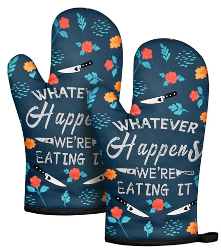 Slohif Funny Oven Mitt Heat Resistant for Women - 2 Pack Blue Cute Novelty Cool Kitchen Oven Mittens with 100% Cotton for Baking and Cooking Accessories