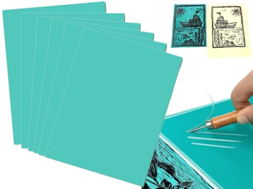 Linoleum Set,Linoleum per Incisione,6pcs Linoleum per Incisione Fogli di Gomma A4,cino A4 su tela, superficie liscia e piatta, realizzato in olio di lino di alta qualità,Sgorbie per Linoleum