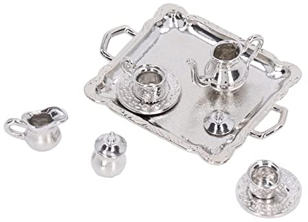 Dilwe Juego de té en Miniatura de Metal, Bandeja para Casa de Muñecas, Mini Tazas de té Realistas, Juguete de Tetera para Casas de Muñecas a Escala 1/12