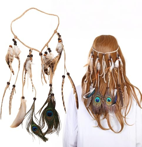 FangBoJie Indianer Kostüm Damen, Pfau Kostüm Damen, Hippie Boho Haarband Haarschmuck, Hippie Indianerschmuck Stirnband, Pfau Haarschmuck Indianer StirnbäNder Federn Boho für Karneval