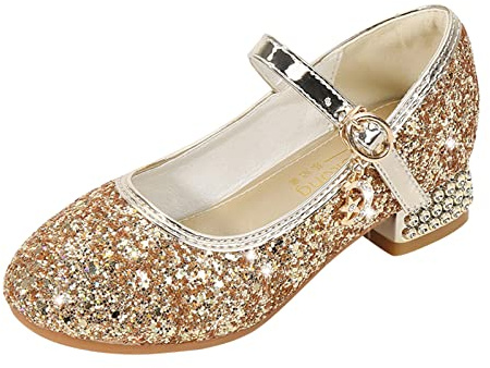 Chaussures de communion pour fille - 36 - Paillettes - Chaussures de soirée - Boucle réglable - Talon épais - Escarpins élégants - Chaussures d'école de princesse à paillettes, or, 23 EU
