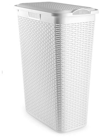 AC - Cesto rattan estrecho para ropa sucia con tapa y asas - Slim PLFT - Pongotodo de plástico para colada - Imitación de mimbre - Fabricado en España (Blanco - 48,5 litros - 61,5 x 26,5 x 46 cm)