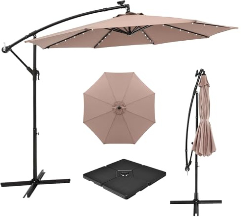 COSTWAY Parasol Déporté 3x3M avec 40 LED Solaire, Parasol de Jardin Extérieur avec Pied, Base 4 Plaques, Inclinable, 8 Baleines, Manivelle, Protection UV, pour Terrasse, Patio, Balcon (Marron)