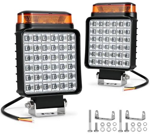 Phare de Travail LED 2-en-1 16W avec Feu Flash Jaune, 12V 24V, Lot de 2 | Fonction Mémoire, Étanche IP68, 10 Modes Clignotants, pour Tracteur et Engin BTP, Boîtier Aluminium