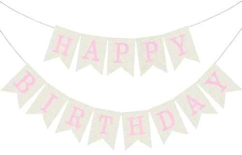 Happy Birthday Girlande Banner Leinen Vintage Geburtstag Wimpelkette Weiß Deko Pre-Strung Party Deko Wiederverwendbar Erste Baby Dusche Flagge Buchstaben für Erwachsene Kinder Mädchen (Rosa)