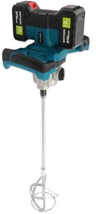 Agitador de mortero de color inalámbrico, 1200 W, 6 niveles, mezclador de cemento con 2 baterías de litio y guantes, velocidad de rotación ajustable, para cemento, revestimientos, colores