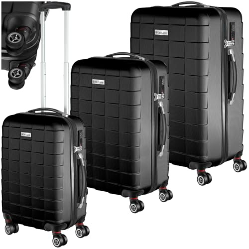 tectake® Set 3 Valigie Trolley da Viaggio, Set Valigie con Scocca Rigida, Rotelle Girevoli a 360°, Serratura a Combinazione TSA - Nero