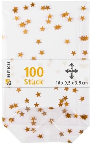 HEKU 100er Packung Transparente Bodenbeutel mit goldenen Sternen 160x95x35mm I Stabiler Kreuzboden I Reißfestes Polypropylen Material I Ideal für Weihnachten & selbstgebackene Plätzchen