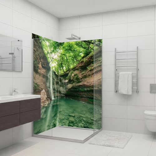 Dedeco 2x Premium Bad Duschrückwand mit Motiv: Wasserfall V5, 90x200cm, wasserfest, hochwertig fugenlose Wandverkleidung aus 3mm-Alu-Verbundplatte, Fliesenersatz ohne Bohren, Made in Germany