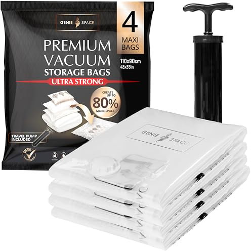 GENIE SPACE Premium Vacuum Storage Bags for Clothes, Bedding and Travel, Maxi Size 110x90cm, Airtight, Reusable and Odour-Proof Space Saver Bags with Double Seal, 4 Pack with Travel Pump