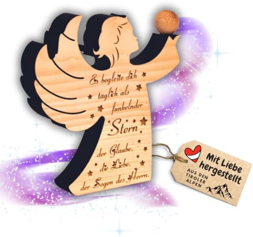sagl.Tirol Zirbenengel mit Zirbenkugel - Holzengel mit Gravur - Zirben Engel mit Spruch - Taufgeschenk Schutzengel Holz - 10 x 11 x 1,8 cm - aus nachhaltiger Forstwirtschaft - Es begleite Dich
