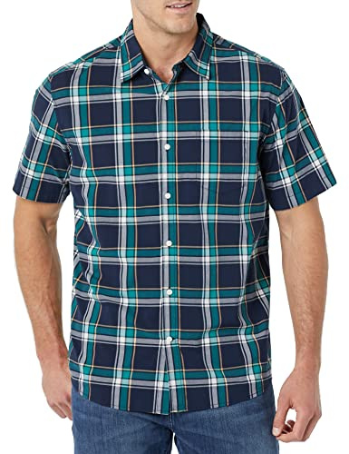 Amazon Essentials Chemise en Popeline Extensible à Manches Courtes (Grandes Tailles Disponibles) Homme, Vert Bleu Marine Moyen Plaid, XXL