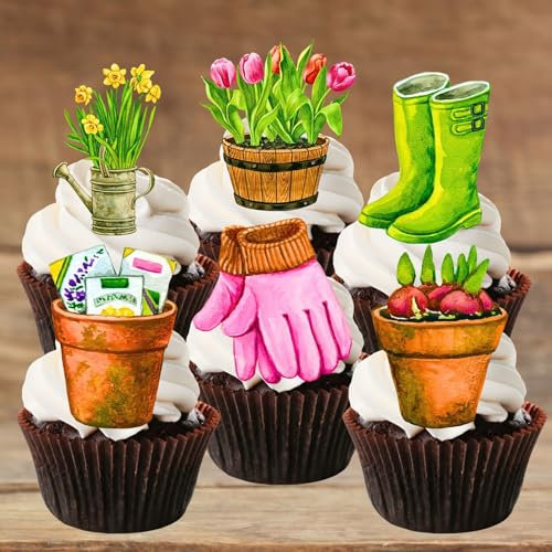PRECUT Gardening Cupcake Toppers, Plant Theme Edible Garden Cake Decoration, Gardener Party Decorations, Allotment Topper, Vegetable Garden Cupcake-Toppers - 2 Inches/5cm (Set of 24)