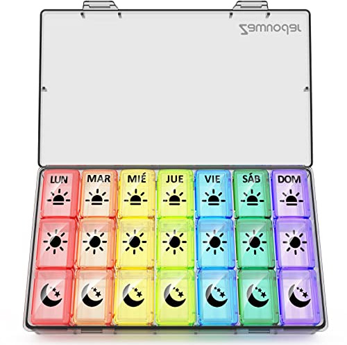 Pastillero Semanal 3 Tomas Español 7 Dias individual - Una caja a la vez - Zawuodar Grande Organizador Medicamentos con 21 Compartimentos (Multicolor-)