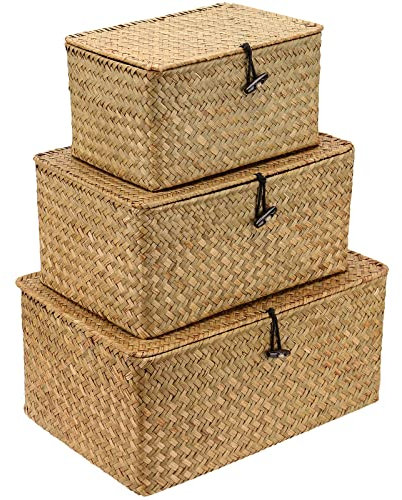 ﻿ SEUNMUK Set of 3 Seagrass Storage Basket with Lid, Rectangular Rattan Basket Woven Handmade Organizer Bins for Home Storage and Decoration, Picnic, Camping, Travel, yellow
