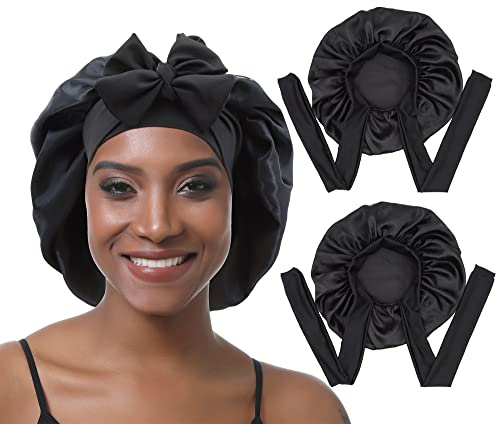 EBONNT 2Pcs Bonnet Satin Cheveux Nuit Bonnets en Soie pour Femmes Cheveuxs Taille de tête Ajustable Bonnet de Nuit pour Cheveux bouclés