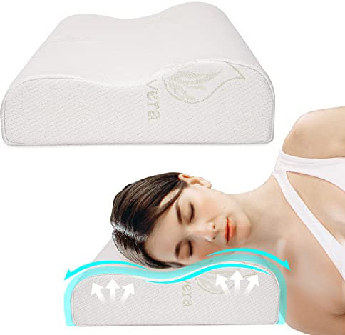 Houbos Nackenkissen, 60 x 36 x 12/8 cm, Memory Foam Aloe Vera Kissen, Ergonomisches orthopädisches Seitenschläferkissen