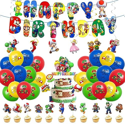 Super Birthday Party Decorations Boys Girls Birthday Decorations Bros Swirls Foil Balloons Happy Birthday Banner Cake Toppers Party Balloons for Kid Theme Party Supplies Decoration