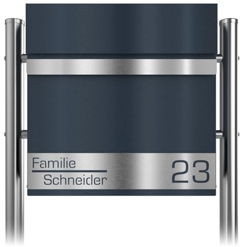 Graviers Design Briefkasten in Anthrazit RAL 7016 mit Standfuß - Postkasten personalisiert Edelstahl Schild Laserschnitt Gravur - Briefkasten freistehend mit Schloss Zeitungsfach
