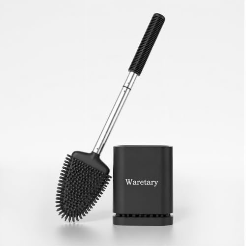 Waretary Silikon-Klobürste mit Klobürstenhalter, Farbe Schwarz | Weiche flexible Toilettenbürste mit Griff aus Edelstahl, schnell trocknend wandmontierbar & stehend WC-Bürste für Badezimmer