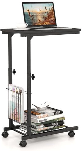COSTWAY Beistelltisch mit Rollen, Laptoptisch höhenverstellbar, mit Aufbewahrungskorb, Sofatisch C-Form, Betttisch Industrial, Metallrahmen, 50 x 30 x 80 cm (Schwarz)