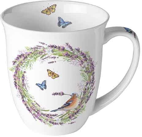 Ambiente Bone China Tasse 400ml – große Porzellan Kaffeetasse mit Lavendel, Vogel Motiv & Schmetterlingen, Weiß, Mikrowellengeeignet