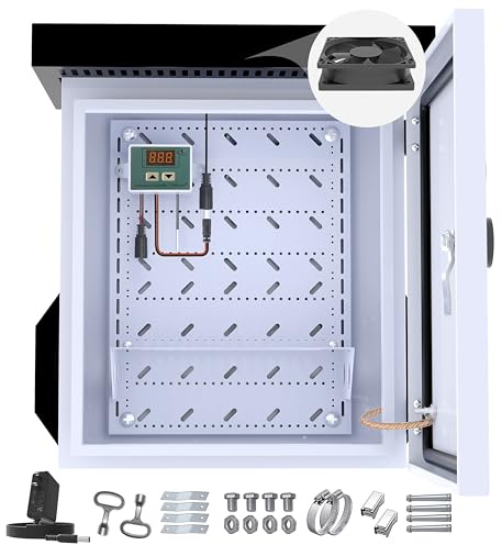 Akwscyby Outdoor Electrical Box with Thermostat and Fan, Precise Temperature Control 0.1°F, IP65 Water Resistant Rating, Galvanized Steel, Aluminum Rear Beam (17.7 x13.4 x9.4)