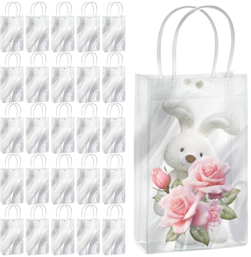 25 Stück Klare Geschenktüten, 16 x 8 x 25 CM Geschenktüten Transparent Mit Griffen, Wiederverwendbare Tragetaschen aus PVC Transparente Wickeltaschen für Hochzeit, Party, Babyparty Gastgeschenk