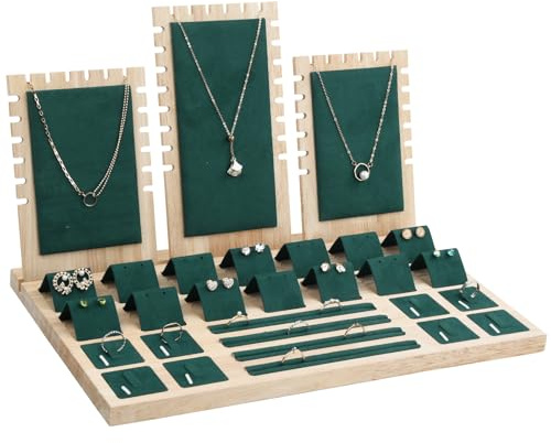 Soporte de Exhibición de la Joyería, Organizador de Pendientes, Expositor de Marco de Collares de Bambú, Bandeja de Terciopelo para Pulseras Anillos Tachuelas Brazaletes Cadenas Relojes (Verde)