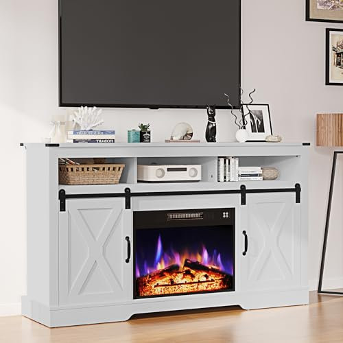 May in Color Soporte de TV con chimenea estilo granja para TV de más de 65 pulgadas, centro de entretenimiento con chimenea eléctrica de 23 pulgadas con control remoto, consola de TV rústica moderna
