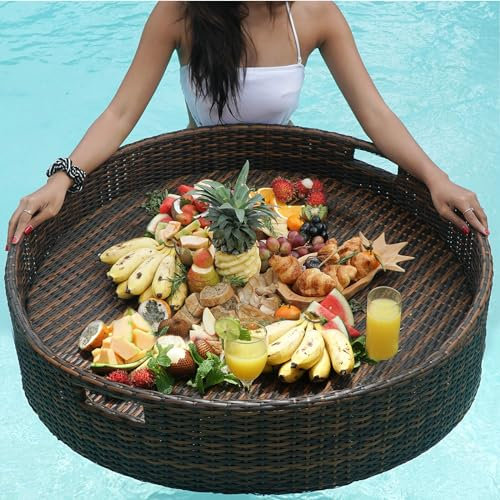 Plateau De Service Flottant Portable, Plateau Rond Tissé en Rotin avec Poignées, Table De Rafraîchissement Flottante pour Piscine, Plage, Bain à Remous, 60cm