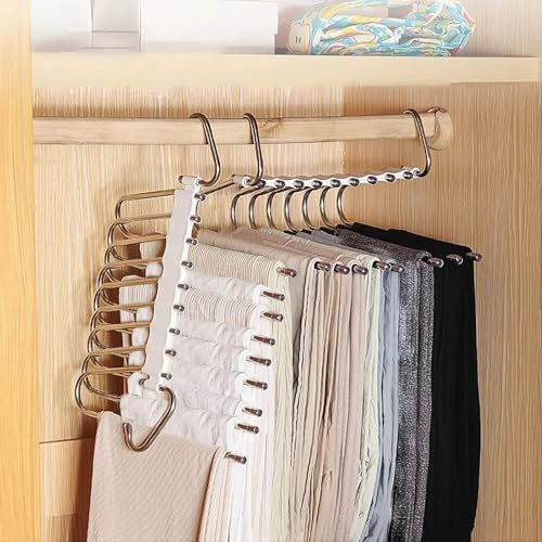2 Stück Hosenbügel Kleiderbügel Platzsparend, 9 In 1 Edelstahl Faltbare Hosenkleiderbügel, mehrfach Hosenbügel mit Rutschschutz für Hosen, Schals, Jeans, Kleidung, Handtücher