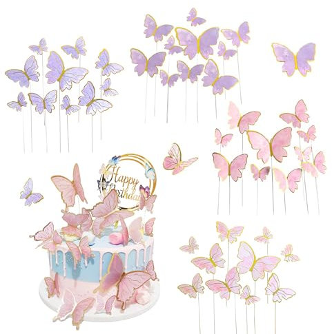 80 PCS Butterfly Cake Decorations, Butterfly Cake Toppers Cupcake Toppers Pink Cake Decorations for Wedding Cake Birthday Party Cake Girl Women (Purple, Pink)